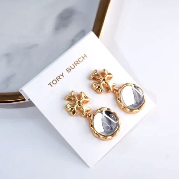 Tory Burch Roxanne Gold Logo, Clear Resin Dangle Stud Earring’s - Picture 2 of 5